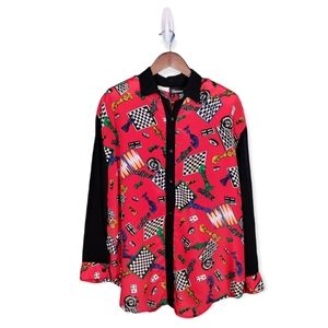 Vintage 1991 Gianna board games graphic print button down long sleeve blouse